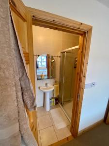ein Bad mit einer Dusche und einem Waschbecken in der Unterkunft Castlebaldwin Country Residence in Sligo