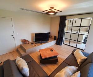 a living room with a couch and a tv at Villa de la Sablière in Amougies