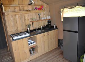 uma cozinha com armários de madeira e um frigorífico em le Moulin de Cost em Buis-les-Baronnies