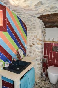 ein Badezimmer mit einem Waschbecken und einer Steinmauer in der Unterkunft Le Mas Charamèlia in Saint-Victor-de-Malcap