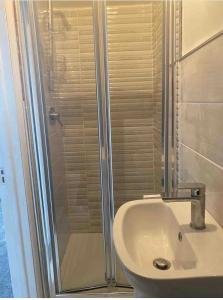 a bathroom with a shower and a white sink at Letterkenny Three Bedroom Town Centre Apartment in Letterkenny