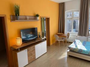 un salon avec une télévision à écran plat sur un comptoir dans l'établissement Apartment Altstadt-Panorama, à Meiningen