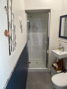 a bathroom with a shower and a toilet and a sink at Garden Room in Hockworthy in Wellington