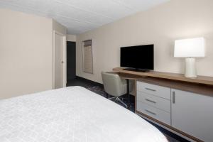 um quarto com uma cama e uma secretária com uma televisão em Holiday Inn Hasbrouck Heights-Meadowlands, an IHG Hotel em Hasbrouck Heights