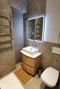 La salle de bains est pourvue d'un lavabo, de toilettes et d'un miroir. dans l'établissement 3 PIECES 4****, AU COEUR DU QUARTIER HISTORIQUE, à Versailles