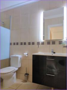 a bathroom with a toilet and a sink and a mirror at Pebble beach apartamento, Amarilla golf in San Miguel de Abona