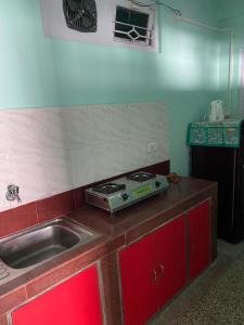 a kitchen with a sink and a stove on a counter at B&B Homestay in Darjeeling