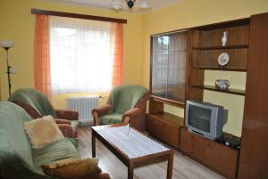 ein Wohnzimmer mit 2 Stühlen und einem TV in der Unterkunft Apartmán Viktorie in Třeboň