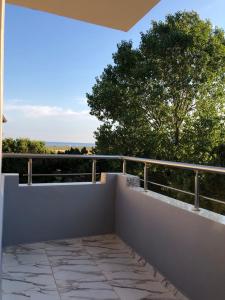 a balcony with a white railing and a tree at Hotel Otrant in Velipojë