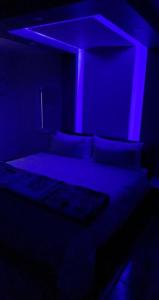 Made Guest House في Sandton: غرفة نوم مع سرير مع ضوء أزرق