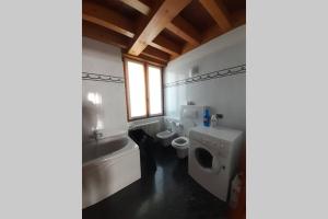 a bathroom with two toilets and a black cat in it at fantastica villa fra le Alpi valtellinesi in Tresivio