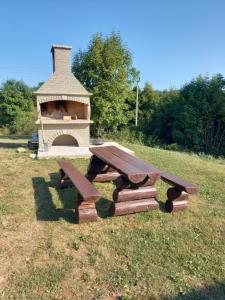 a picnic table in a field with a brick oven at Apartment Sučić in Seliste Dreznicko