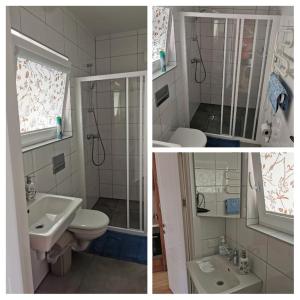 three pictures of a bathroom with a sink and a toilet at Kotedžas poilsiui in Palanga +20 photos