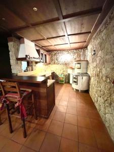 cocina con encimera y pared de piedra en Appartamento Paradiso Cortina, en Cortina dʼAmpezzo