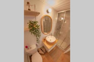ein Bad mit einem WC, einem Waschbecken und einer Dusche in der Unterkunft Charmant studio/T2 au calme avec jardin et parking in Fos-sur-Mer