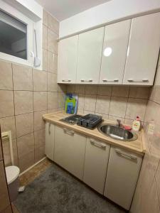 una pequeña cocina con fregadero y armarios blancos en Central & Cozy Apartment , Kolasin, Montenegro en Kolašin