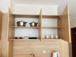 una cocina con 2 ollas y sartenes en estanterías en Apartament in sun waves, en Burgas