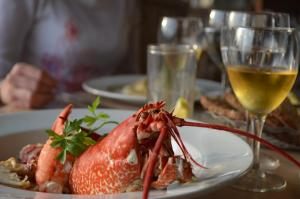 uma lagosta num prato com um copo de vinho em The Cliff House Hotel em Ballybunion