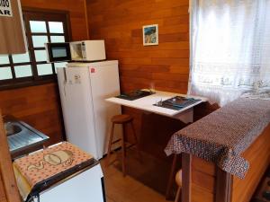 a small kitchen with a refrigerator and a table at Chalés Araucárias da Serra in Canela