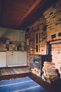 uma cozinha com um fogão e uma parede de tijolos em Namelis Rudnios kaime “Nykštukas” em Rudnia
