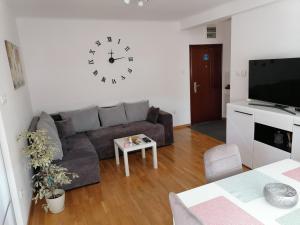uma sala de estar com um sofá e um relógio na parede em Paris apartment -Free private parking em Novi Sad