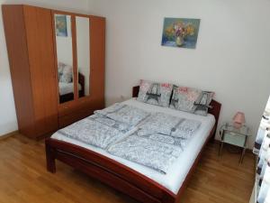 a bed in a room with a mirror and a bed sidx sidx sidx at Paris apartment -Free private parking in Novi Sad