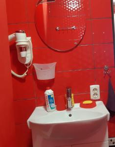 a red bathroom with a toilet and a mirror at Dacha PODOBOVETS 127 in Podobovets