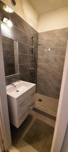 a bathroom with a sink and a shower at Mérey Apartment in Szeged