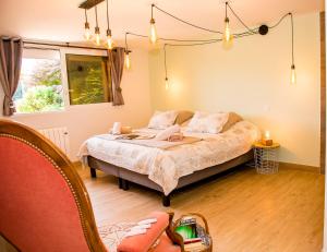 Schlafzimmer mit einem Bett und einem Fenster in der Unterkunft Le Paradis, chambres d'hôtes - BNB- Gîte in La Roche-sur-Foron