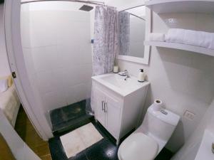 W łazience znajduje się toaleta, umywalka i prysznic. w obiekcie Nature & Travelers w mieście Tarapoto