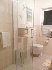 een badkamer met een toilet en een glazen douche bij Ferienwohnung Liane in Sassnitz