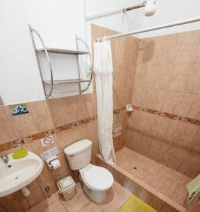 een badkamer met een toilet, een douche en een wastafel bij Huingos Eco Lodge in Tarapoto