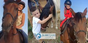 twee foto's van een jong kind op een paard bij Hobby Land Ranch Horse's barn guesthouse in Găneasa