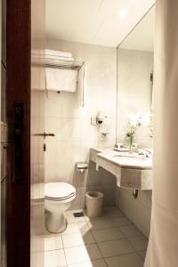 a bathroom with a toilet and a sink and a mirror at Hotel Cristoforo Colombo in Buenos Aires
