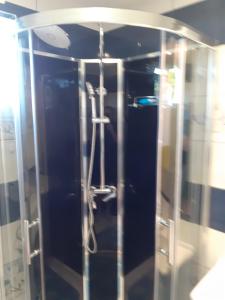 La salle de bains est pourvue d'une douche avec une porte en verre. dans l'établissement MAJA, à Velika Gorica