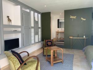 Chambre en Drôme Tropicale في Chabeuil: غرفة معيشة مع أريكة وتلفزيون