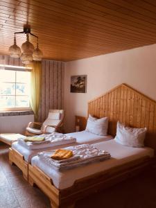 - une chambre avec deux lits et une chaise dans l'établissement Natur und Neckarblick bei Heidelberg, à Hirschhorn
