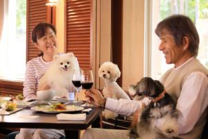 um homem e uma mulher sentados numa mesa com dois cães em Yutorelo Tateshina Hotel with DOGS em Chino