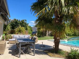 a patio with a table and a palm tree next to a pool at Le chemin de la Loire in Amboise