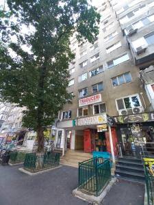 un bâtiment avec un arbre devant lui dans l'établissement Garsoniera Comfort, à Bucarest