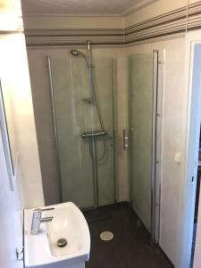 uma casa de banho com um chuveiro e um lavatório. em Villa Blenda em Borgholm