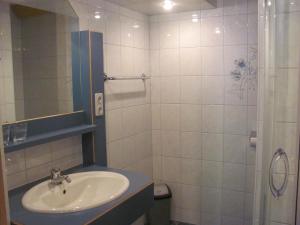 a bathroom with a sink and a shower at Lampeterhof in Matrei in Osttirol