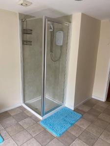 a shower in a bathroom with a blue mat at Old New Inn, Llanfyllin in Llanfyllin