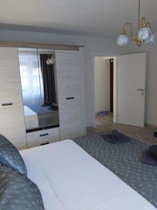 - une chambre avec un lit et un grand miroir dans l'établissement Apartman Alma, à Bihać