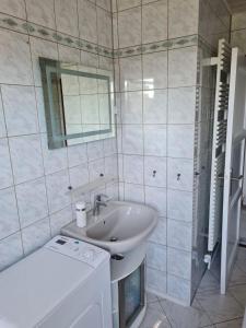 a bathroom with a sink and a washing machine at Ferienhaus Jagomast in Glindow +10 photos