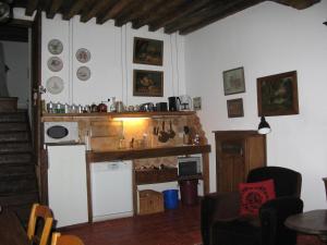 ein Wohnzimmer mit einer Küche mit einer Theke in der Unterkunft Le Paquier De Vismoux in Visemoux