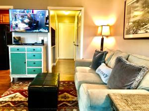 a living room with a couch and a tv at Beech Mountain Cozy Condo in Beech Mountain