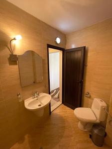 a bathroom with a sink and a toilet and a mirror at Hotel Slavova Krepost in Melnik
