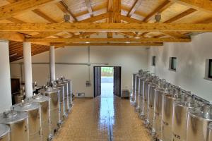 una fila de barriles de vino en una habitación con techos de madera en Pizzulin - Wine & Living, en Prepotto