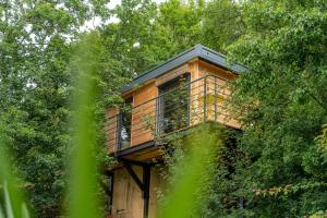 a tree house with a balcony in the trees at Le Moonloft insolite Tiny-House dans les arbres & 1 séance de sauna pour 2 avec vue panoramique in Osenbach